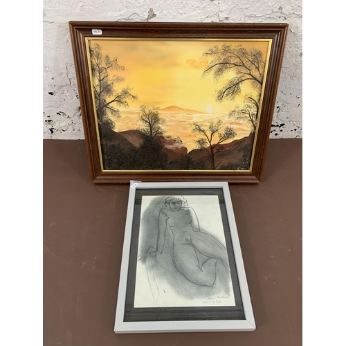 655 - Two famed pictures, one nude lady charcoal sketch print and one landscape scene oil on canvas