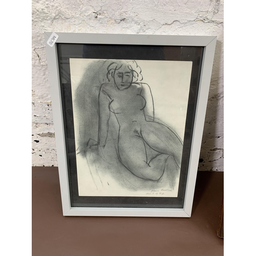 655 - Two famed pictures, one nude lady charcoal sketch print and one landscape scene oil on canvas