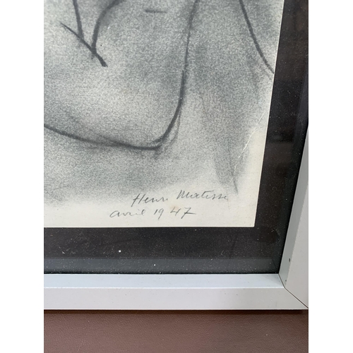 655 - Two famed pictures, one nude lady charcoal sketch print and one landscape scene oil on canvas