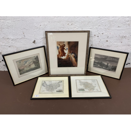 660 - Five framed pictures, one map of Cheshire, one map of West Riding of Yorkshire, one view of Tatton H... 