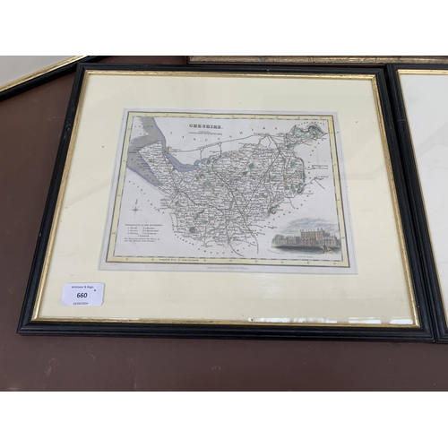 660 - Five framed pictures, one map of Cheshire, one map of West Riding of Yorkshire, one view of Tatton H... 