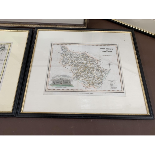 660 - Five framed pictures, one map of Cheshire, one map of West Riding of Yorkshire, one view of Tatton H... 