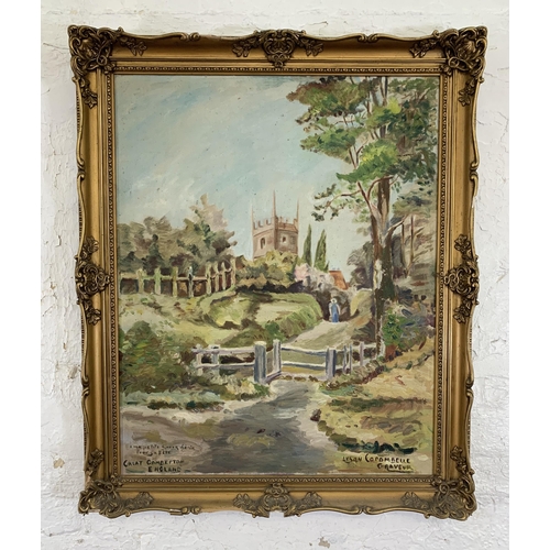 661 - A gilt framed oil on canvas of Great Comberton Church signed lower right - approx. 95cm high x 77cm ... 