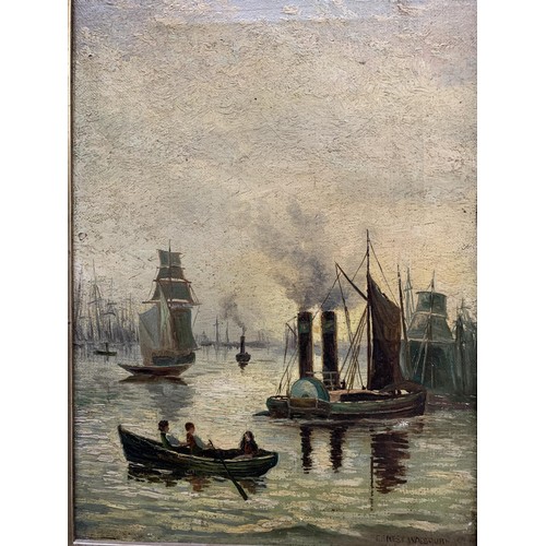 632 - A late 19th century gilt framed Ernest Walbourn oil on canvas titled 'Harbourside', signed lower rig... 