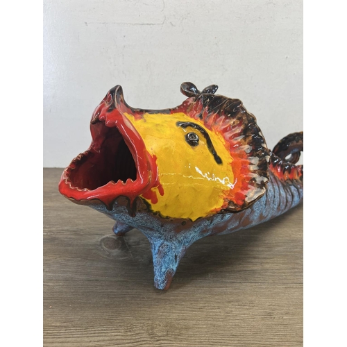 397 - A mid 20th century Vallauris France studio pottery fish sculpture - approx. 61cm long