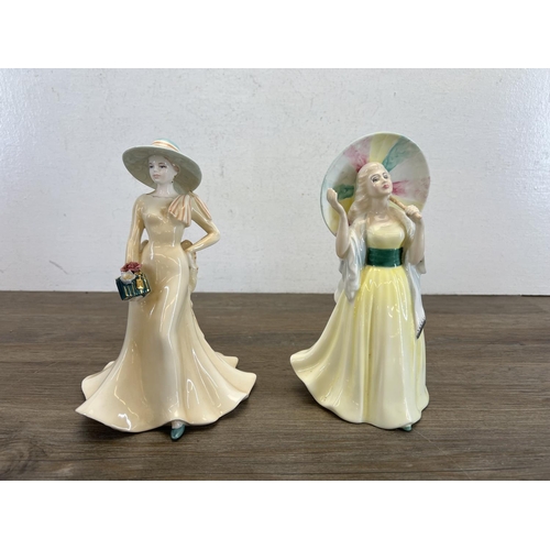 406 - Four ceramic figurines, one Royal Doulton Jane HN2806, one Coalport Helen and two Lladro