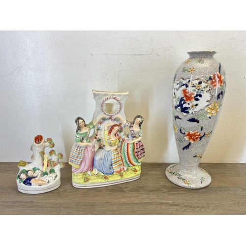 412 - A collection of ceramics and glassware to include Torquay Pottery cruet set, cut glass and silver pl... 