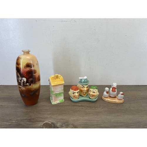 412 - A collection of ceramics and glassware to include Torquay Pottery cruet set, cut glass and silver pl... 