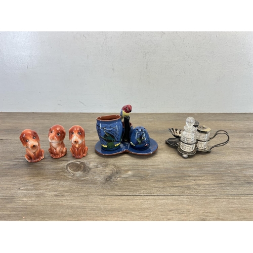 412 - A collection of ceramics and glassware to include Torquay Pottery cruet set, cut glass and silver pl... 