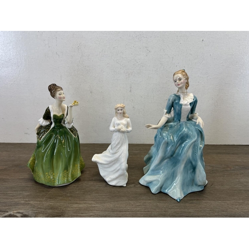 418A - Six Royal Doulton figurines, Sentiments Loving You HN3389, Ascot HN2356, Grace HN2318, Flowers of Lo... 