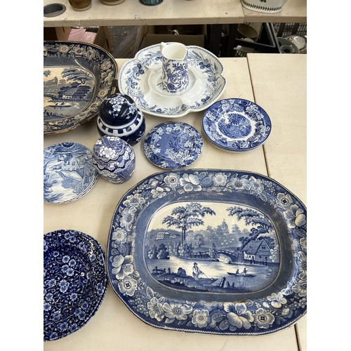 428 - A collection of blue and white ceramics to include four Copeland Spode's Italian bowls, meat plates,... 