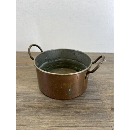 435 - Three pieces of 19th century copper, one two handled wine cooler, one two handled saucepan and one h... 