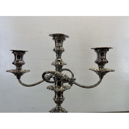 447 - A 19th century silver plated three branch candelabra - approx. 45cm high x 36cm wide