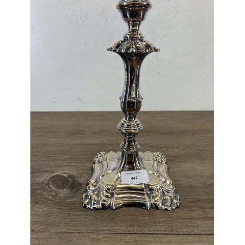 447 - A 19th century silver plated three branch candelabra - approx. 45cm high x 36cm wide