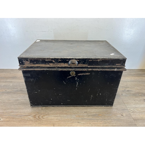 453 - A 19th century black painted metal deed box - approx. 32cm high x 52cm wide x 35cm deep