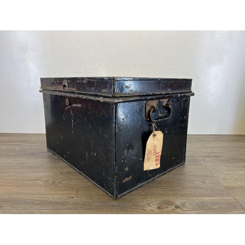 453 - A 19th century black painted metal deed box - approx. 32cm high x 52cm wide x 35cm deep