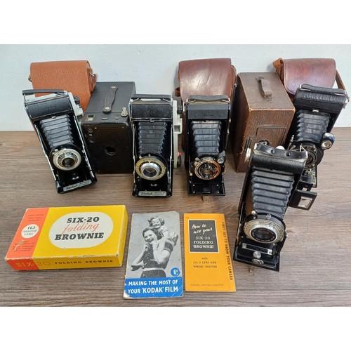 682 - Seven vintage cameras to include cased Zeiss Ikon Nettar 510/2 folding for 120 film, boxed Kodak Six... 