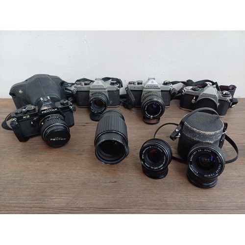 684 - Seven Pentax items to include cased K2 35mm SLR camera fitted with Pentax 1:1.2 50mm lens, ME F 35mm... 