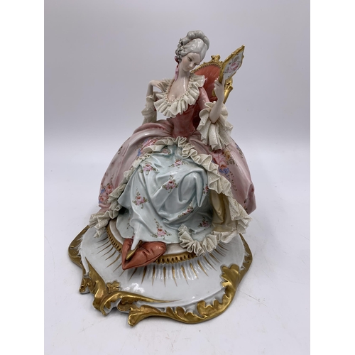 361 - A Capodimonte lady with mirror porcelain figurine - approx. 17cm high