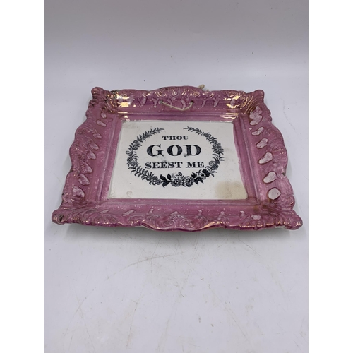 364 - Two 19th century Sunderland pink lustre wall plaques - largest approx. 20cm high x 22cm wide