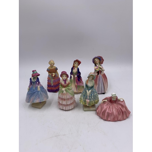 369 - Seven 1930s Royal Doulton miniature figurines, Victorian Lady M1, The Paisley Shawl M4, Bridesmaid M... 