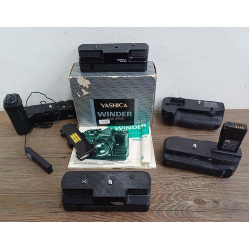 691 - Five items to include boxed Yashica Winder for FR with instruction manual, battery grip for Nikon D7... 