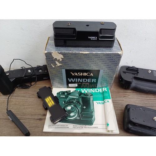 691 - Five items to include boxed Yashica Winder for FR with instruction manual, battery grip for Nikon D7... 