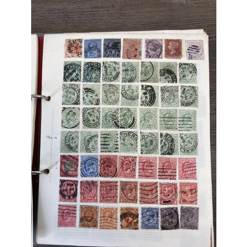 525 - Two stamp albums containing a collection of worldwide stamps to include three British seahorse stamp... 