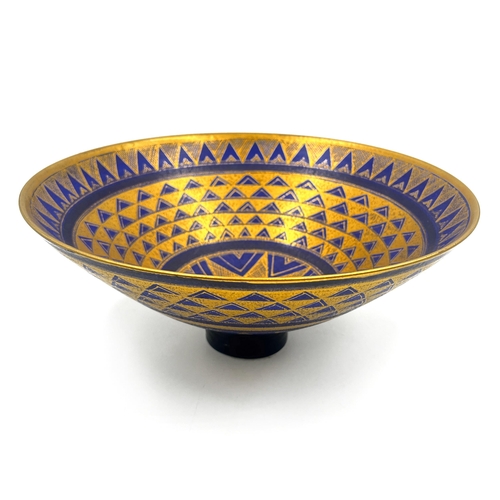 370 - A Mary Rich studio pottery circular footed fruit bowl on cobalt blue ground with gilt geometric patt... 