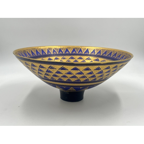 370 - A Mary Rich studio pottery circular footed fruit bowl on cobalt blue ground with gilt geometric patt... 