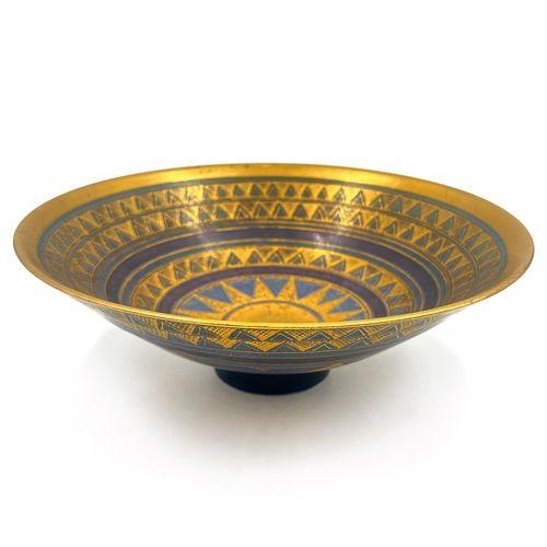 371 - A Mary Rich studio pottery circular footed bowl on teal and plum ground with gilt geometric pattern ... 