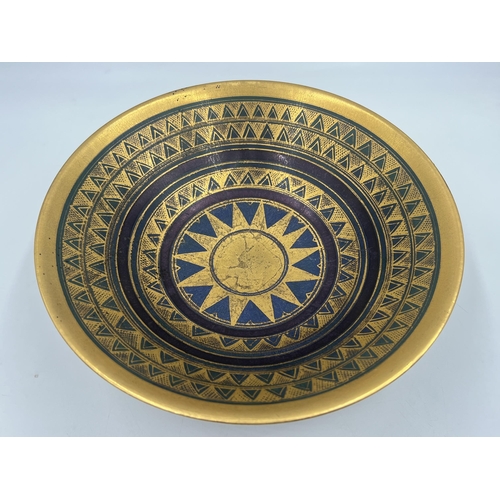 371 - A Mary Rich studio pottery circular footed bowl on teal and plum ground with gilt geometric pattern ... 