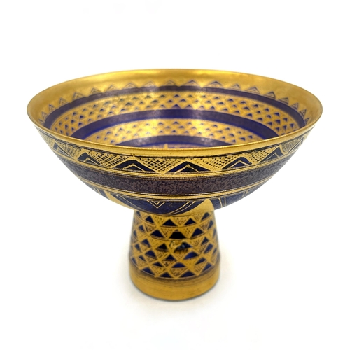 372 - A Mary Rich studio pottery pedestal compote on cobalt blue ground with gilt geometric pattern - appr... 