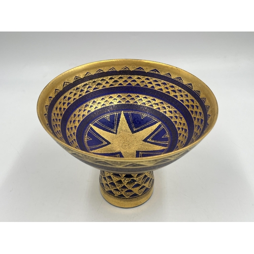 372 - A Mary Rich studio pottery pedestal compote on cobalt blue ground with gilt geometric pattern - appr... 