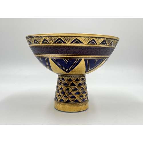 372 - A Mary Rich studio pottery pedestal compote on cobalt blue ground with gilt geometric pattern - appr... 