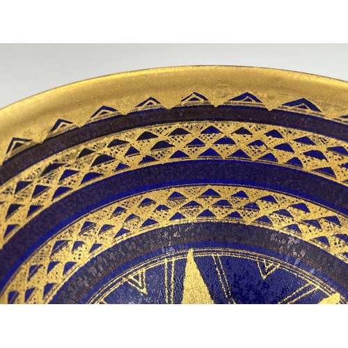 372 - A Mary Rich studio pottery pedestal compote on cobalt blue ground with gilt geometric pattern - appr... 