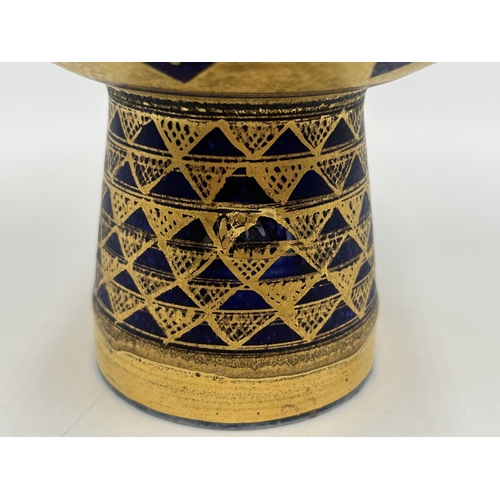 372 - A Mary Rich studio pottery pedestal compote on cobalt blue ground with gilt geometric pattern - appr... 