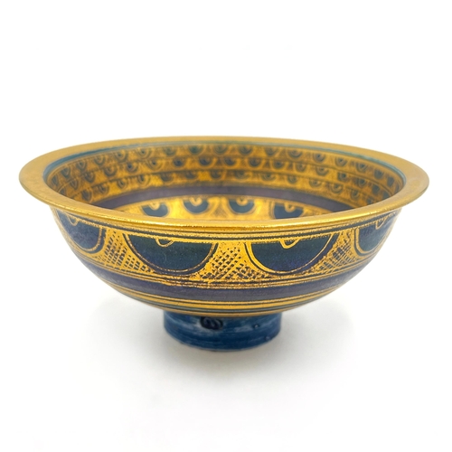 373 - A Mary Rich studio pottery circular footed bowl on teal and plum ground with gilt geometric pattern ... 