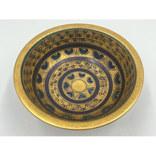 373 - A Mary Rich studio pottery circular footed bowl on teal and plum ground with gilt geometric pattern ... 