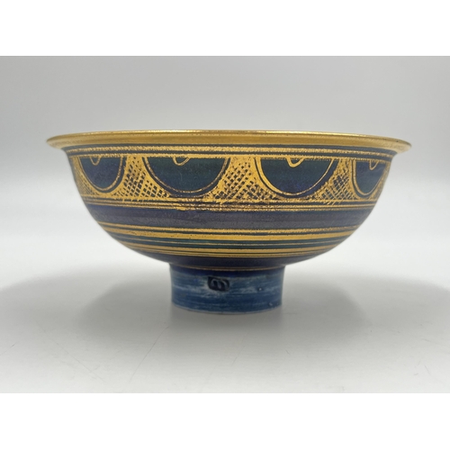 373 - A Mary Rich studio pottery circular footed bowl on teal and plum ground with gilt geometric pattern ... 