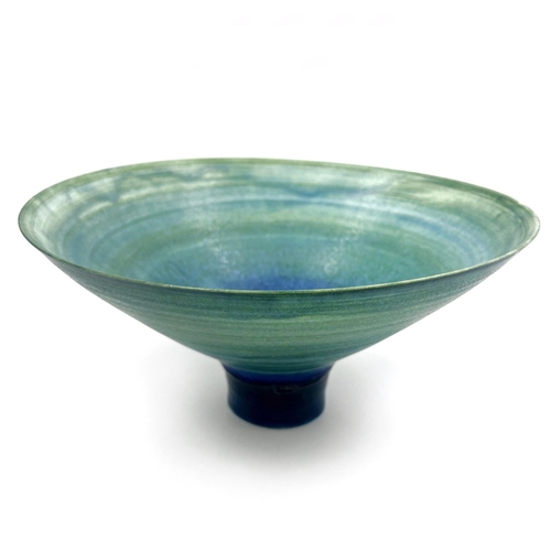 375 - A Mary Rich studio pottery circular footed fruit bowl with teal and apple green matt glaze - approx.... 