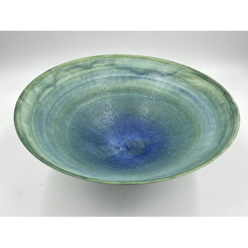 375 - A Mary Rich studio pottery circular footed fruit bowl with teal and apple green matt glaze - approx.... 