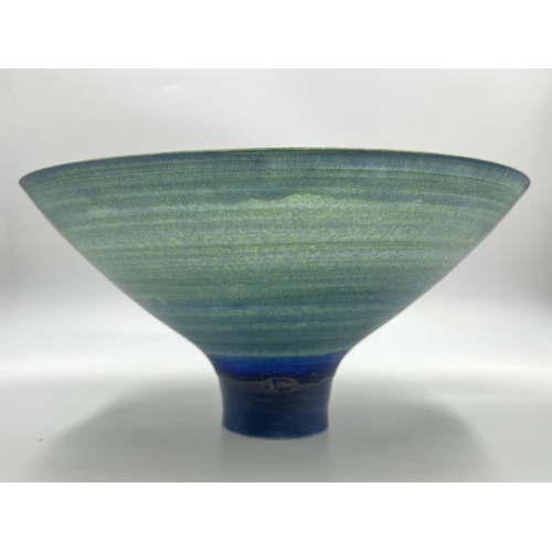 375 - A Mary Rich studio pottery circular footed fruit bowl with teal and apple green matt glaze - approx.... 