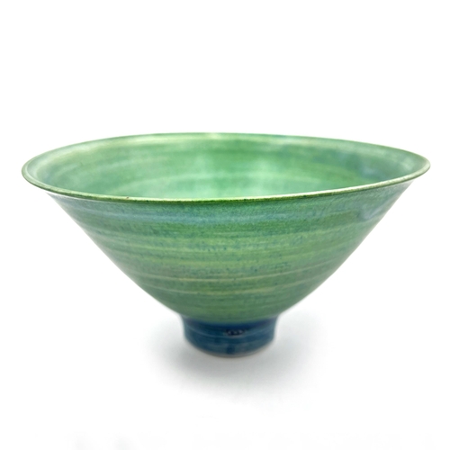 376 - A Mary Rich studio pottery circular footed bowl with teal and apple green matt glaze - approx. 16.5c... 