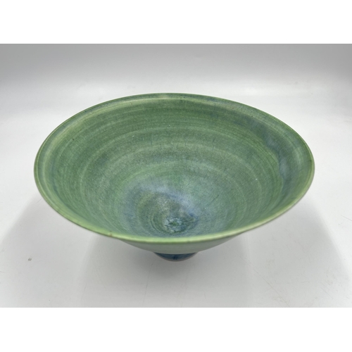 376 - A Mary Rich studio pottery circular footed bowl with teal and apple green matt glaze - approx. 16.5c... 