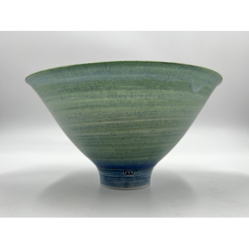 376 - A Mary Rich studio pottery circular footed bowl with teal and apple green matt glaze - approx. 16.5c... 