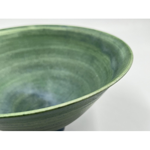 376 - A Mary Rich studio pottery circular footed bowl with teal and apple green matt glaze - approx. 16.5c... 