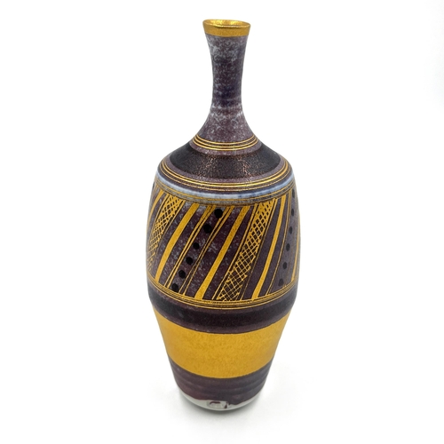 378 - A Mary Rich studio pottery solifleur vase on damson ground with gilt geometric pattern - approx. 17.... 