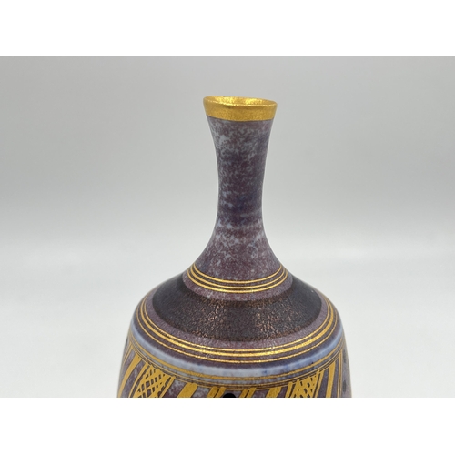 378 - A Mary Rich studio pottery solifleur vase on damson ground with gilt geometric pattern - approx. 17.... 