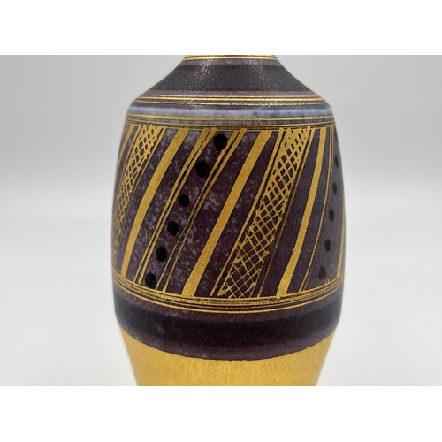 378 - A Mary Rich studio pottery solifleur vase on damson ground with gilt geometric pattern - approx. 17.... 